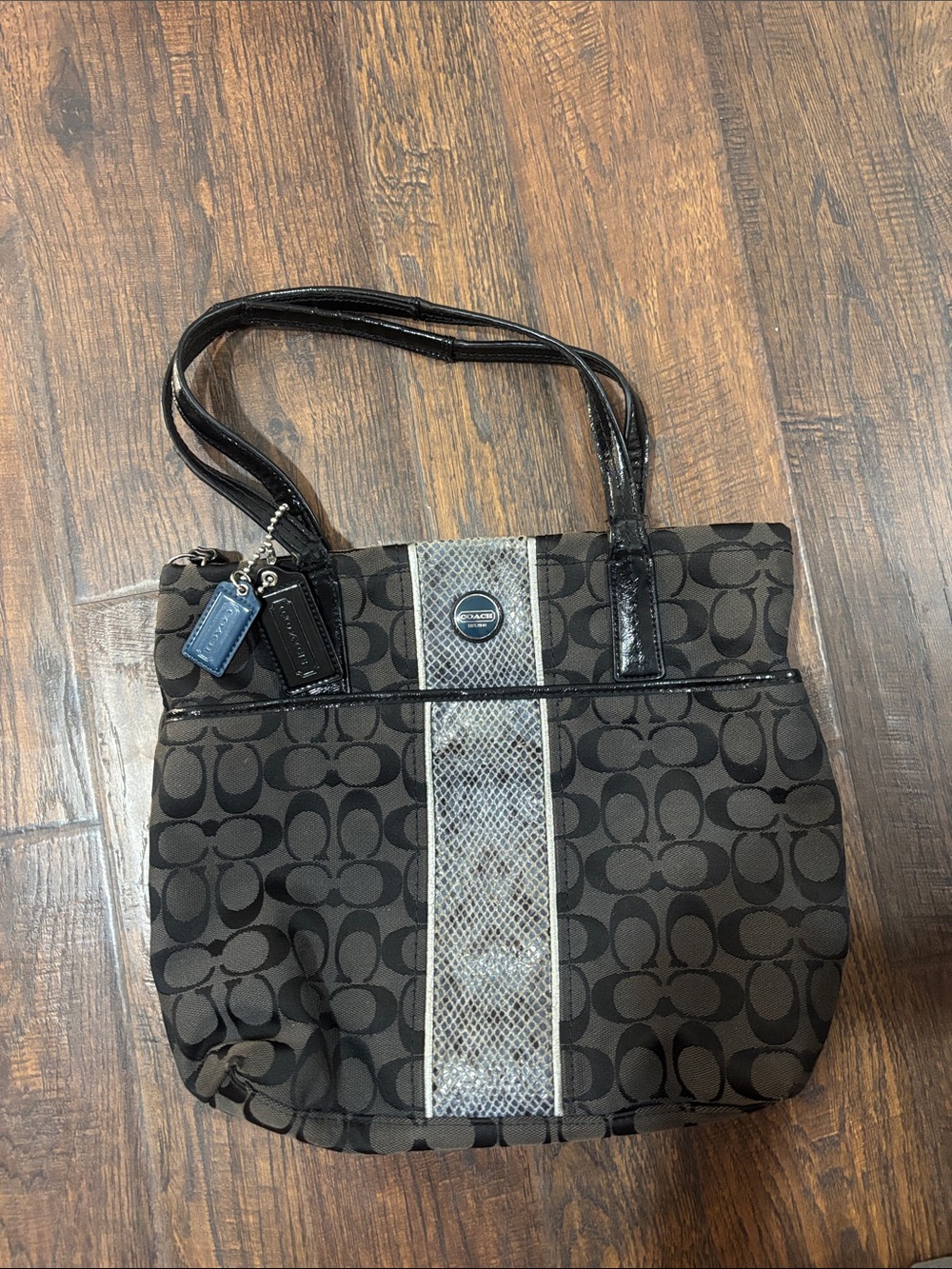 Coach Black Signature Tote with Silver Stripe